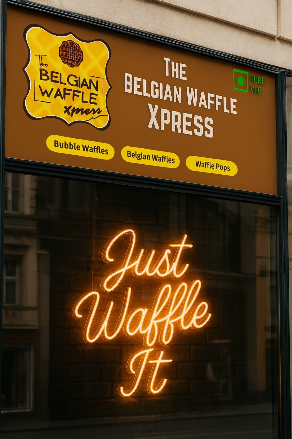 TBWX store with Just Waffle It neon sign